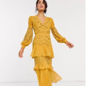 ASOS mustard embroidered dress